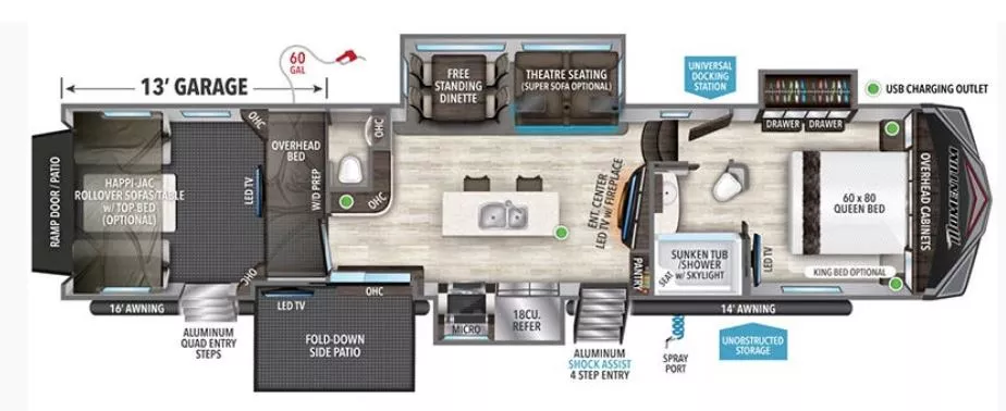 43' 2020 Grand Design Momentum 399TH w/3 Slides & Generator  - Toy Hauler Floorplan
