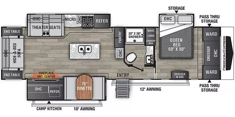 37' 2023 Coachmen Freedom Express Liberty 324RLDS LE w/3 Slides Floorplan