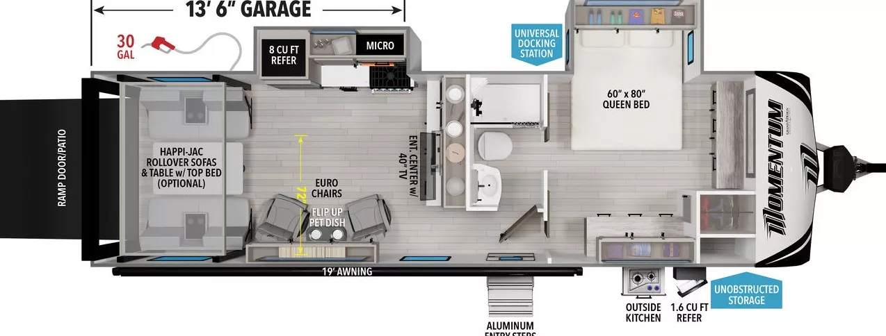 30' 2022 Grand Design Momentum 25G w/2 Slides & Generator  - Toy Hauler Floorplan