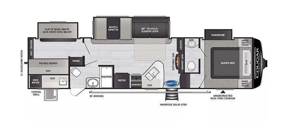 36' 2022 Keystone Cougar 32BHS w/3 Slides - Bunk House Floorplan