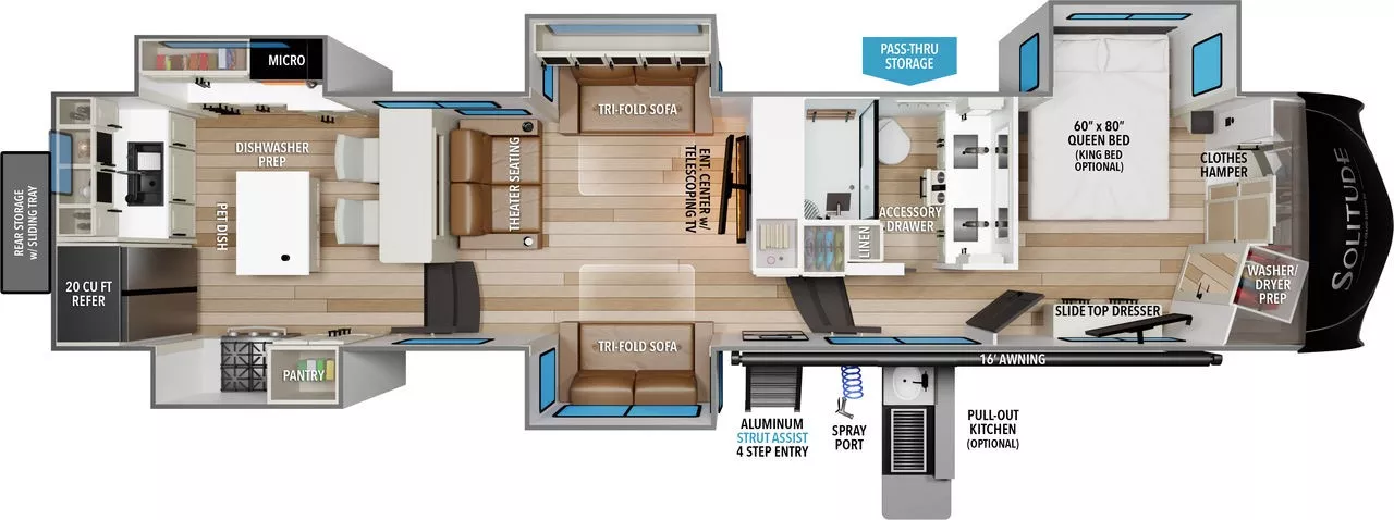 42' 2025 Grand Design Solitude 390RK w/5 Slides & Generator Floorplan