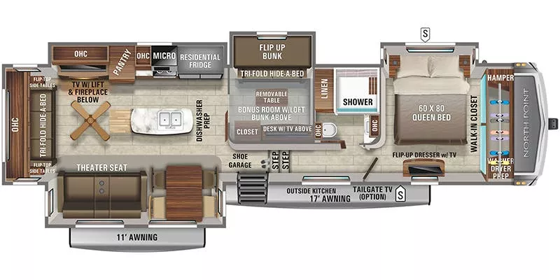 42' 2022 Jayco Northpoint 377RLBH w/4 Slides Floorplan