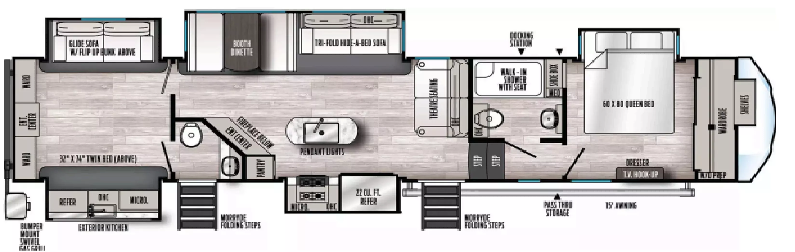 41' 2020 Forest River Sandpiper 384QBOK w/5 Slides - Bunk House Floorplan