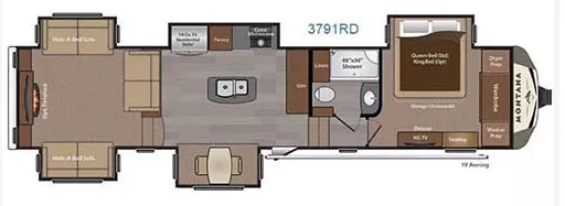 42' 2016 Keystone Montana 3791RD w/5 Slides Floorplan