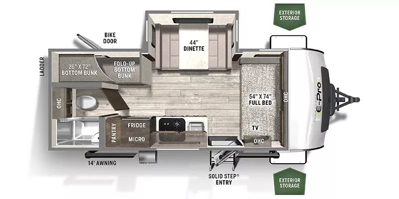 21' 2021 Forest River E-Pro Series E20BHS w/Slide - Bunk House Floorplan