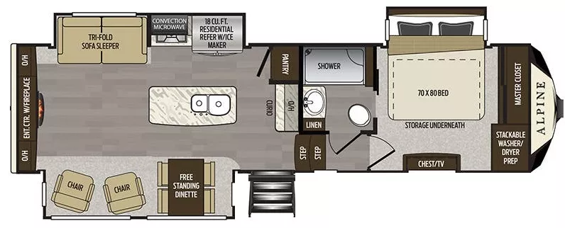 34' 2020 Keystone Alpine 3021RE w/3 Slides Floorplan
