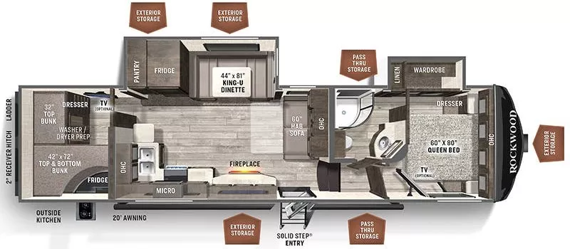 36' 2022 Forest River Rockwood Ultra Lite 2891BH w/2 Slides - Bunk House Floorplan