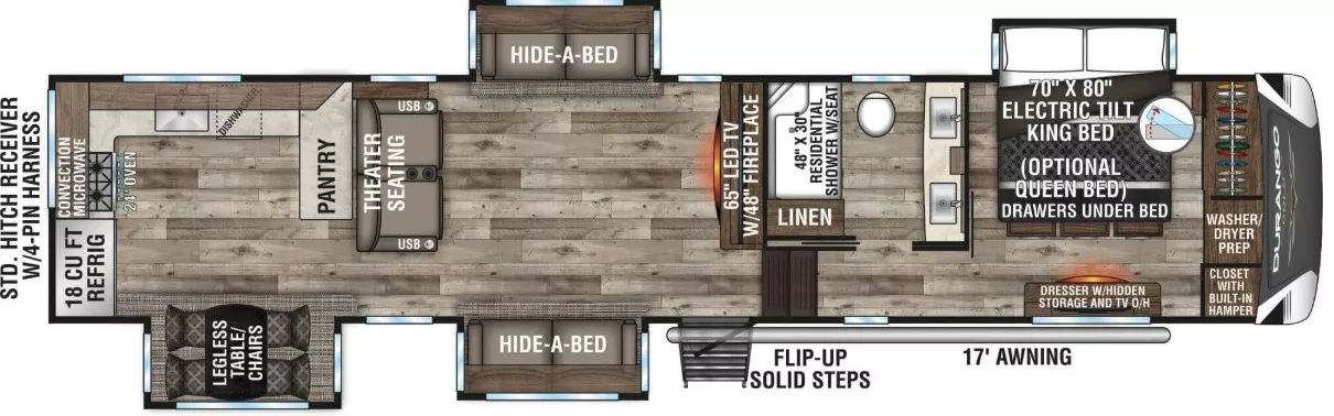 40' 2021 K-Z Durango Gold 391RKQ w/4 Slides Floorplan