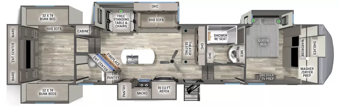 44' 2022 Forest River Sandpiper 388BHRD w/5 Slides - Bunk House Floorplan