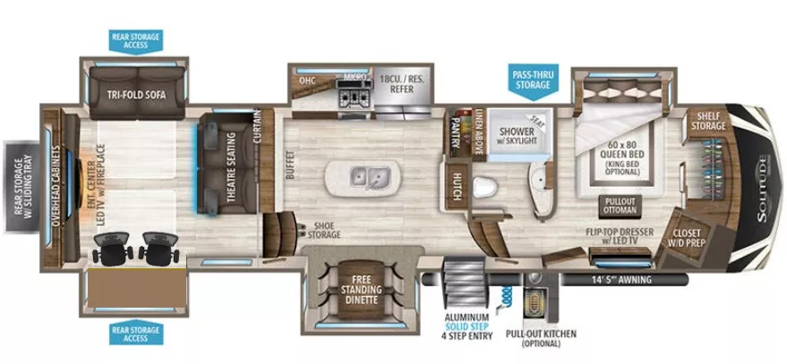 41' 2020 Grand Design Solitude 375RES-R w/5 Slides Floorplan