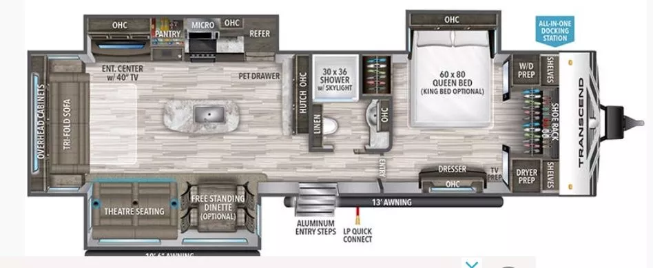 37' 2020 Grand Design Transcend 31RLK w/3 Slides Floorplan