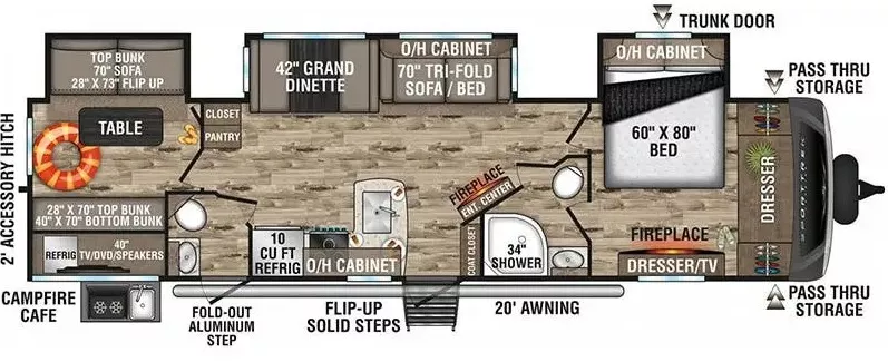 37' 2021 Venture RV Sport Trek 343VBH w/3 Slides - Bunk House Floorplan