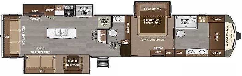 41' 2019 Keystone Montana 3931FB w/3 Slides & Generator Floorplan