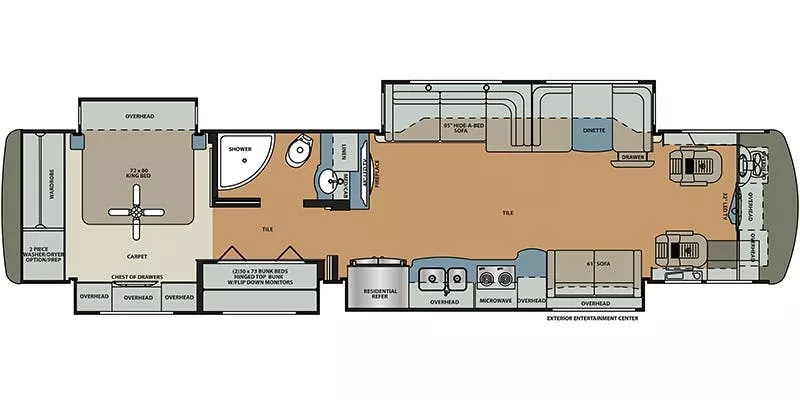 42' 2017 Forest River Berkshire Xlt 43B 450hp N/A w/4 Slides - Bunk House Floorplan