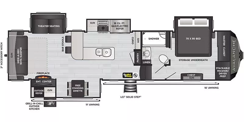 38' 2023 Keystone Avalanche 338GK w/4 Slides Floorplan