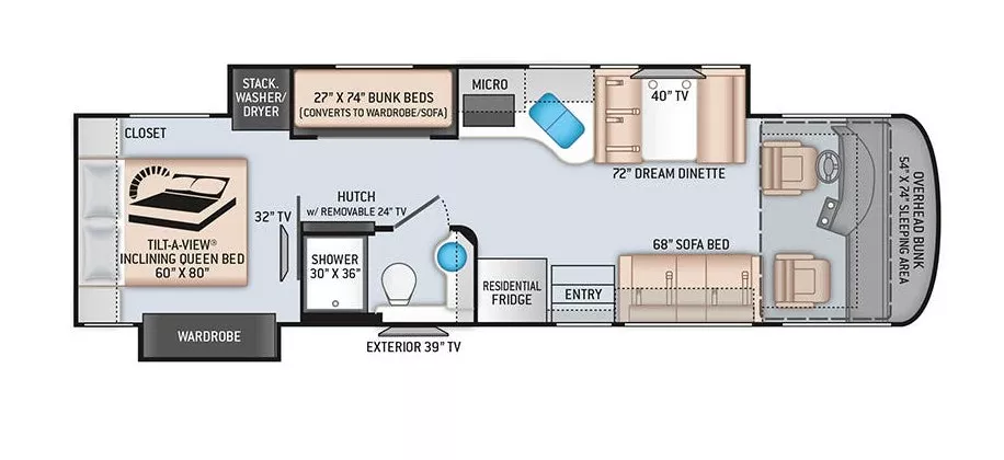 34' 2020 Thor Palazzo M33.5 300hp Cummins w/2 Slides - Bunk House Floorplan