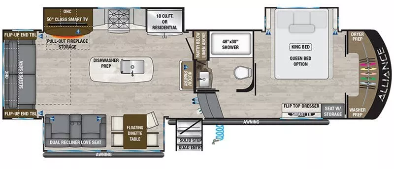 34' 2021 Alliance RV Paradigm 310RL w/3 Slides Floorplan