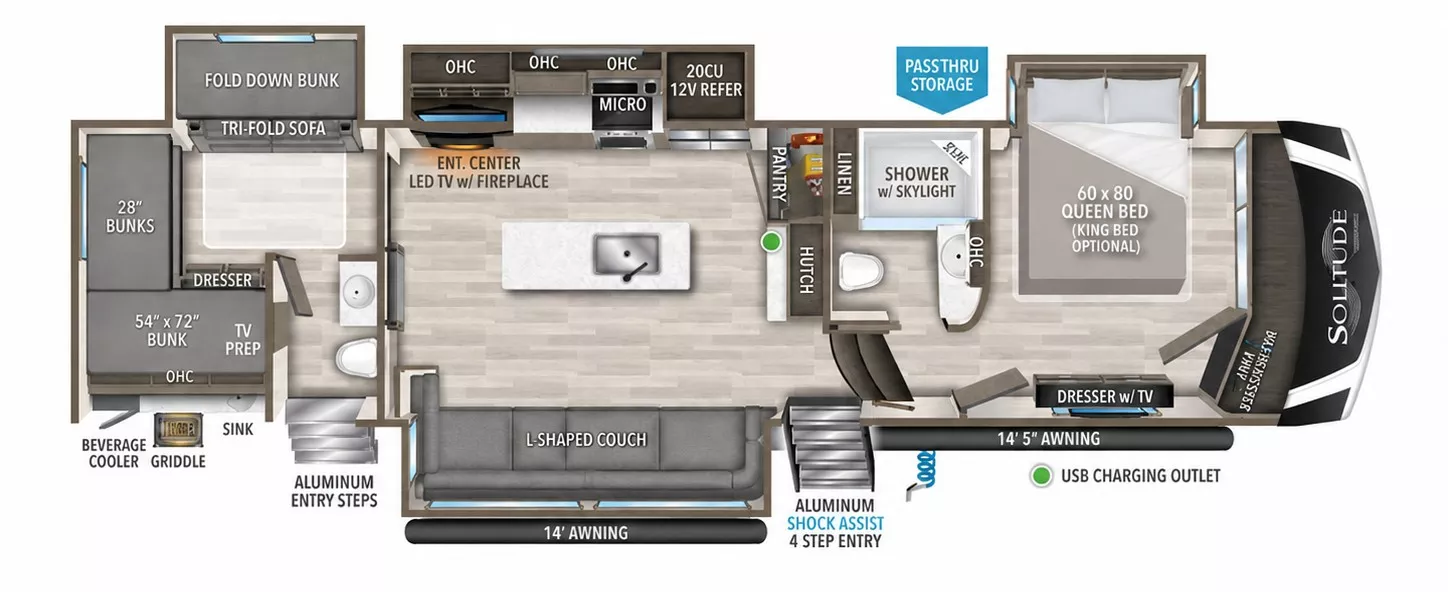 40' 2022 Grand Design Solitude S Class 3740BH w/4 Slides Floorplan