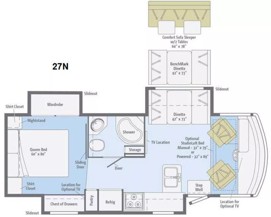 28' 2015 Itasca Sunstar 27N w/3 Slides Floorplan