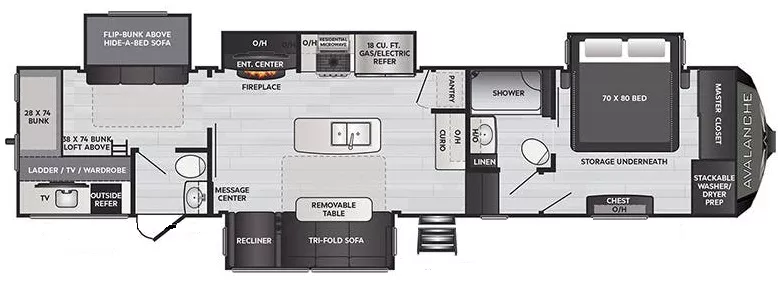 40' 2021 Keystone Avalanche 378BH w/4 Slides - Bunk House Floorplan