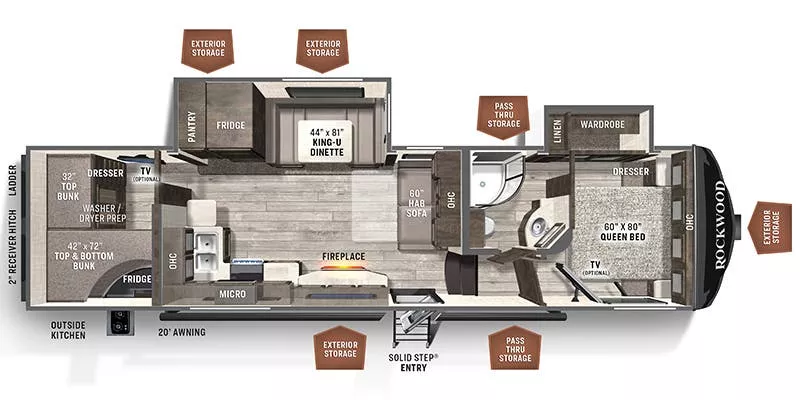 36' 2021 Forest River Rockwood Ultra Lite 2891BH w/2 Slides - Bunk House Floorplan