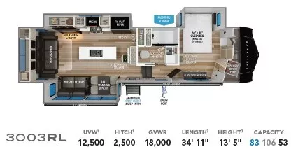 34' 2026 Grand Design Influence 3003RL w/3 Slides Floorplan
