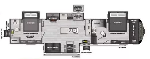 43' 2021 Keystone Avalanche 390DS w/4 Slides Floorplan