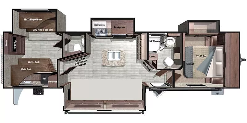 35' 2018 Highland RV Open Range 328BHS w/4 Slides - Bunk House Floorplan