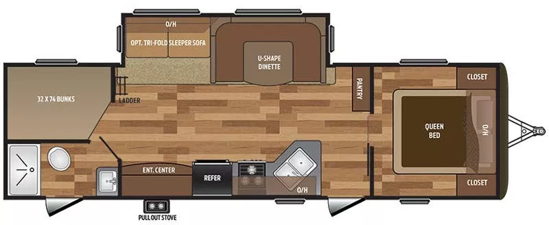 32' 2018 Keystone Hideout 28BHS w/Slide Floorplan