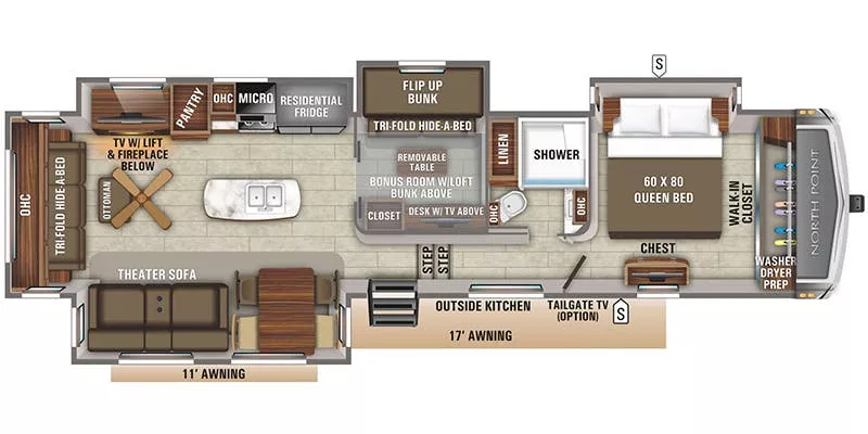 42' 2020 Jayco North Point 377RLBH w/4 Slides - Bunk House Floorplan