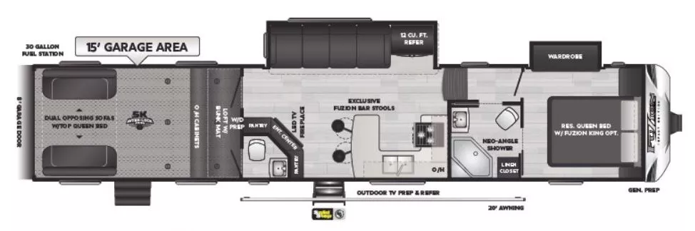 44' 2021 Keystone Fuzion Impact 415 w/2 Slides & Generator  - Toy Hauler Floorplan