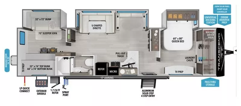 37' 2025 Grand Design Transcend 335BHT w/3 Slides Floorplan
