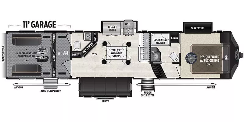 39' 2019 Keystone Fuzion Toy Hauler 373 w/3 Slides & Generator  - Toy Hauler Floorplan