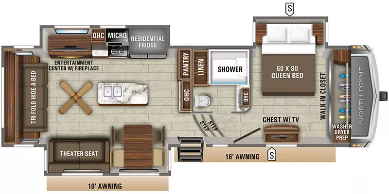 36' 2020 Jayco North Point 310RLTS w/3 Slides Floorplan