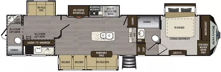 41' 2021 Keystone Avalanche 2 Full Baths 395BH w/4 Slides - Bunk House Floorplan