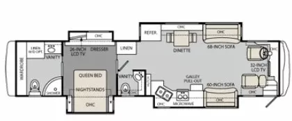 43' 2011 Holiday Rambler Endeavor 42PAQ 405hp Maxxforce w/4 Slides Floorplan