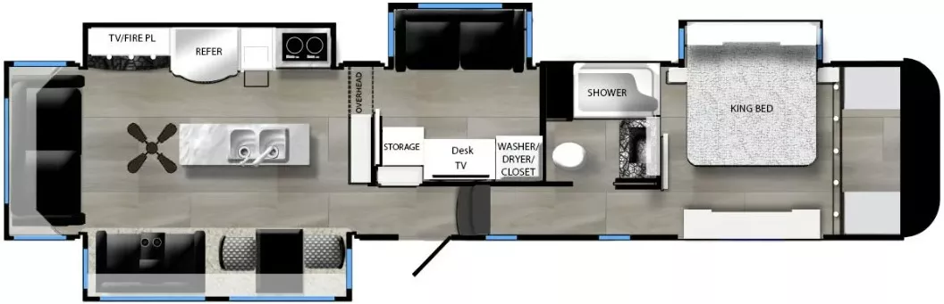 46' 2018 The RV Factory Luxe Elite 42MD w/4 Slides Floorplan
