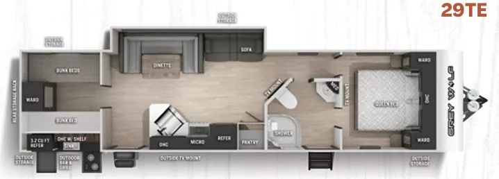 36' 2021 Forest River Grey Wolf 29TE w/Slide - Bunk House Floorplan