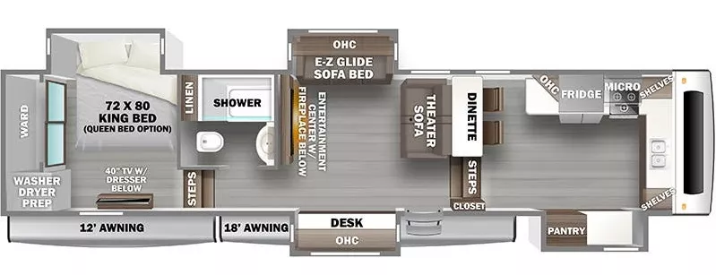42' 2022 Forest River Riverstone 3950FWK w/4 Slides Floorplan