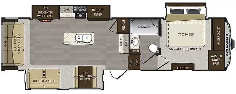 36' 2018 Keystone Avalanche 320RS w/3 Slides Floorplan