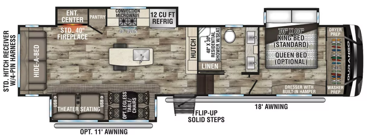 37' 2022 K-Z Durango 333RLT w/3 Slides Floorplan