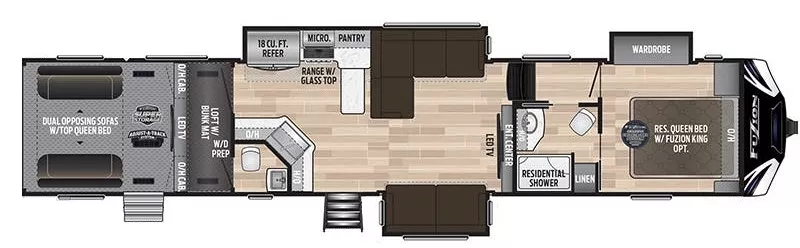 42' 2020 Keystone Fuzion 429 w/3 Slides & Generator  - Toy Hauler - Bunk House Floorplan