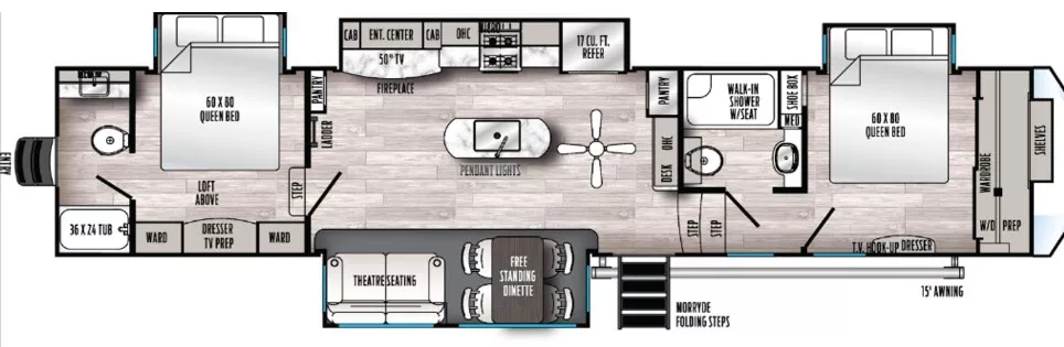 43' 2024 Forest River Sandpiper 4002FB w/4 Slides Floorplan
