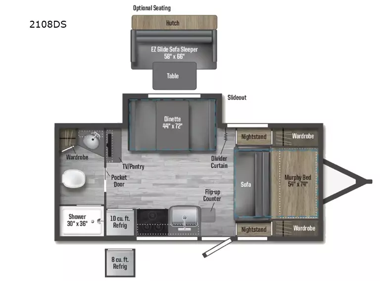 21' 2021 Winnebago Micro Minnie 2108DS w/Slide Floorplan