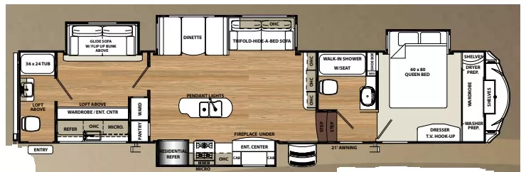 42' 2018 Forest River Sandpiper 383RBLOK w/4 Slides - Bunk House Floorplan