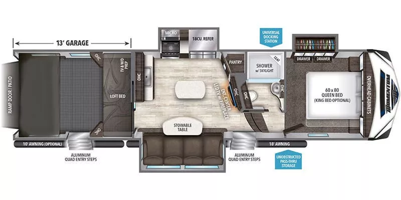 38' 2017 Grand Design Momentum 349M w/3 Slides & Generator  - Toy Hauler Floorplan