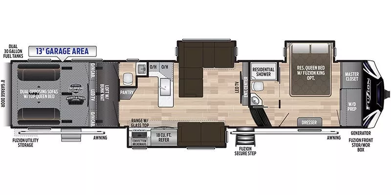 44' 2020 Keystone Fuzion 430 w/3 Slides & Generator  - Toy Hauler Floorplan