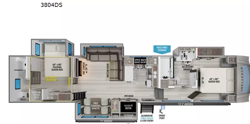 42' 2025 Grand Design Influence 3804DS w/4 Slides Floorplan