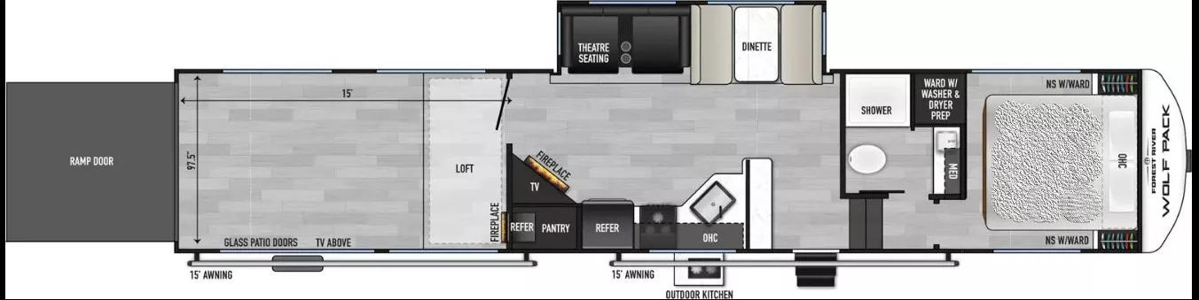 45' 2025 Forest River Wolf Pack 350PACK15 w/Slide - Toy Hauler Floorplan