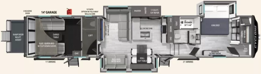47' 2027 Heartland Cyclone 3914 w/3 Slides - Toy Hauler Floorplan